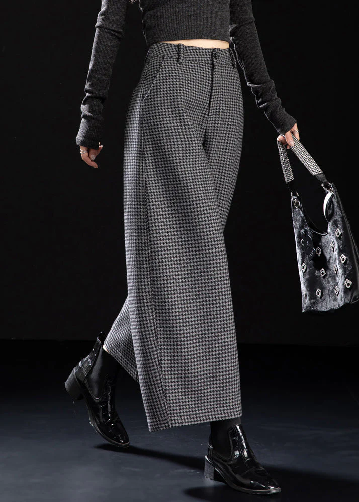Fitted Grey Plaid Warm Fleece Wide Leg Pants Winter - Image 3