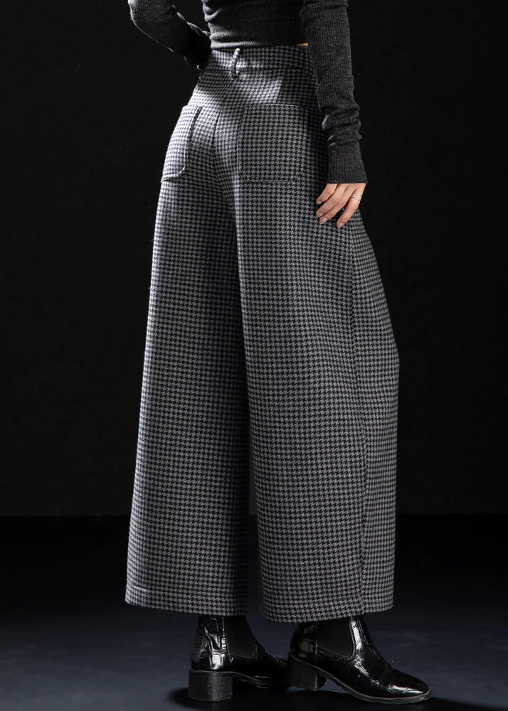 Fitted Grey Plaid Warm Fleece Wide Leg Pants Winter - Image 4
