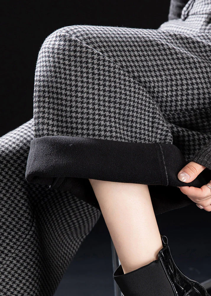 Fitted Grey Plaid Warm Fleece Wide Leg Pants Winter - Image 5