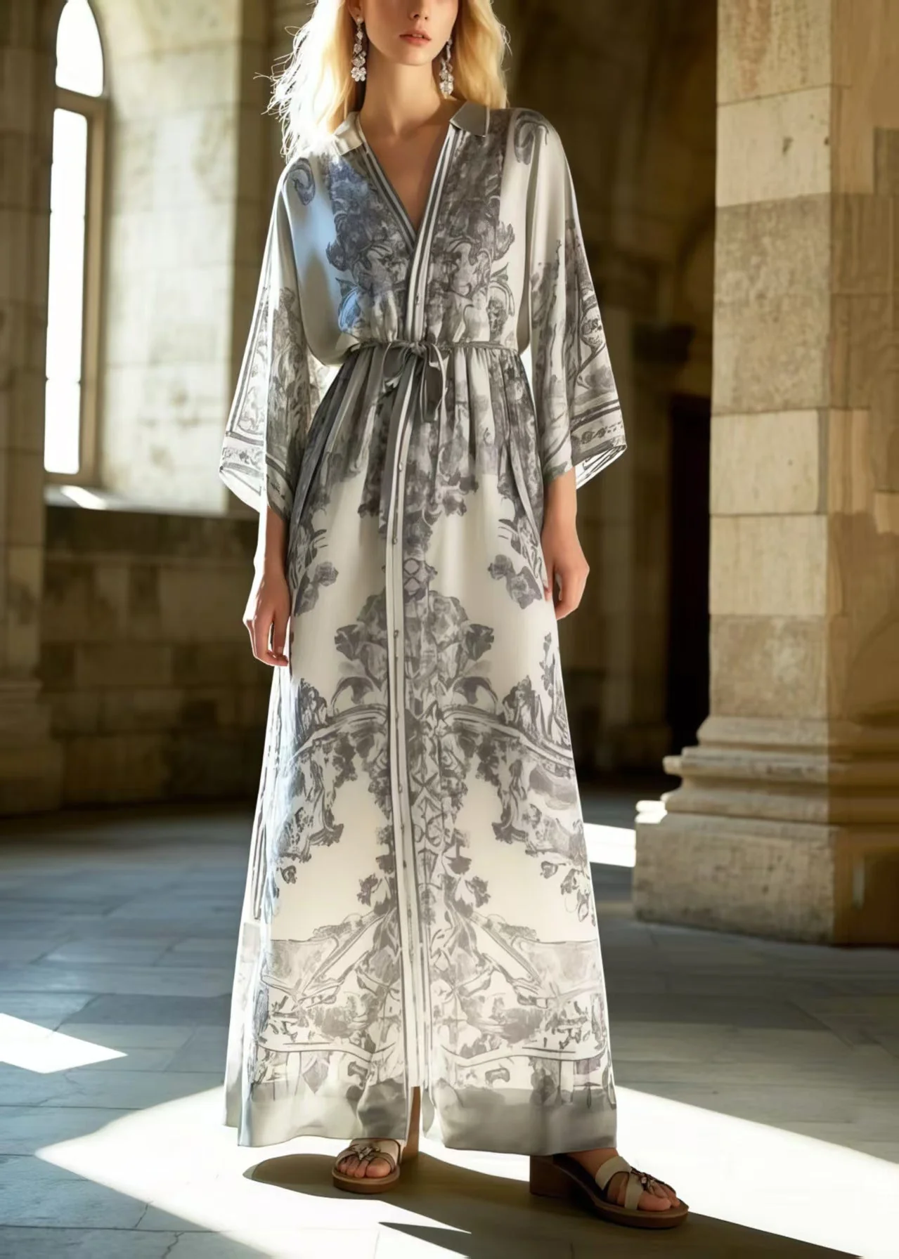 Fitted Grey Print Draping Silk Tunic Dresses Spring - Image 3