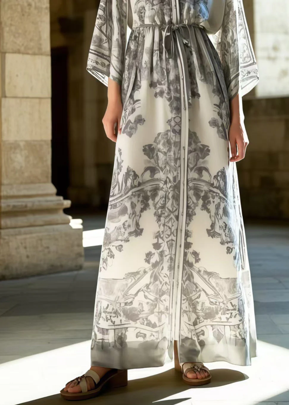 Fitted Grey Print Draping Silk Tunic Dresses Spring - Image 4