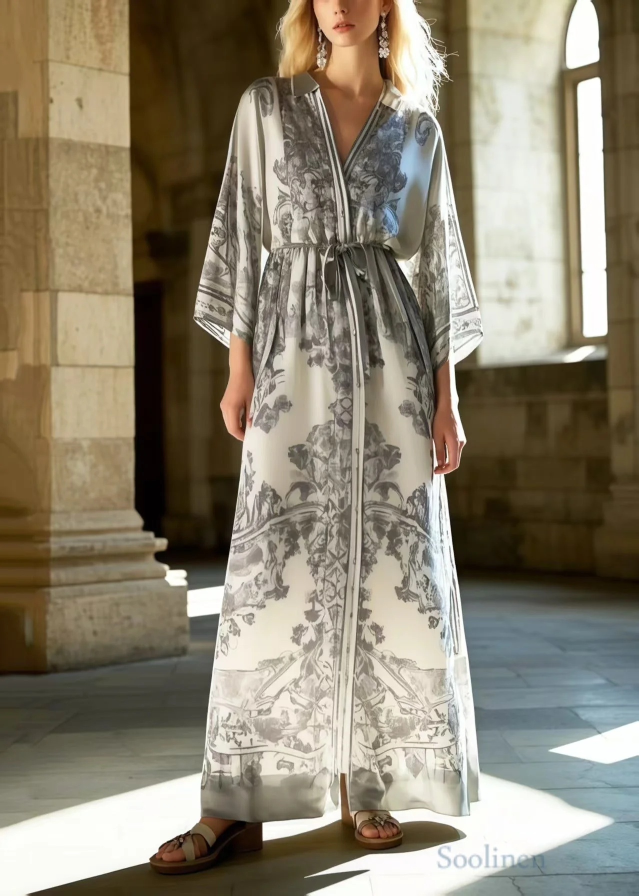 Fitted Grey Print Draping Silk Tunic Dresses Spring - Image 5
