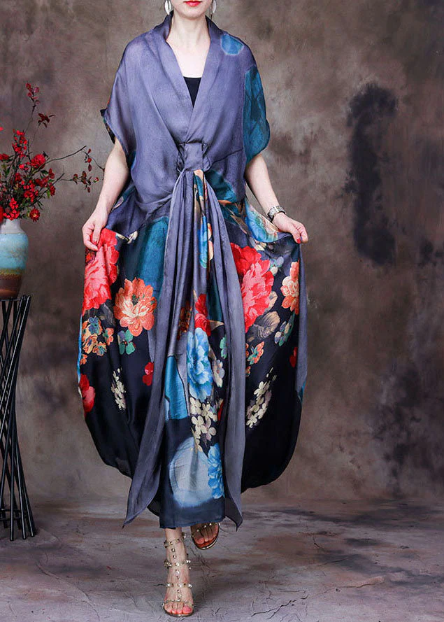 Fitted Grey V Neck Asymmetrical Print Silk Maxi Dresses Two Piece Set Women Clothing Short Sleeve - Image 2