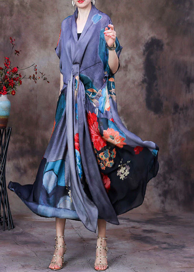 Fitted Grey V Neck Asymmetrical Print Silk Maxi Dresses Two Piece Set Women Clothing Short Sleeve - Image 3