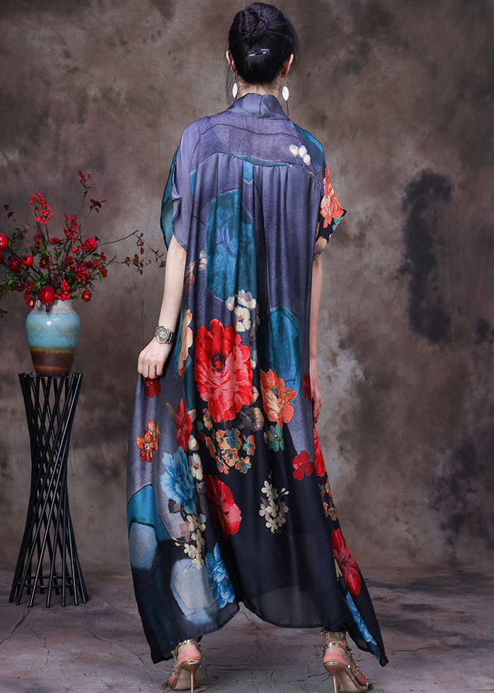 Fitted Grey V Neck Asymmetrical Print Silk Maxi Dresses Two Piece Set Women Clothing Short Sleeve - Image 4