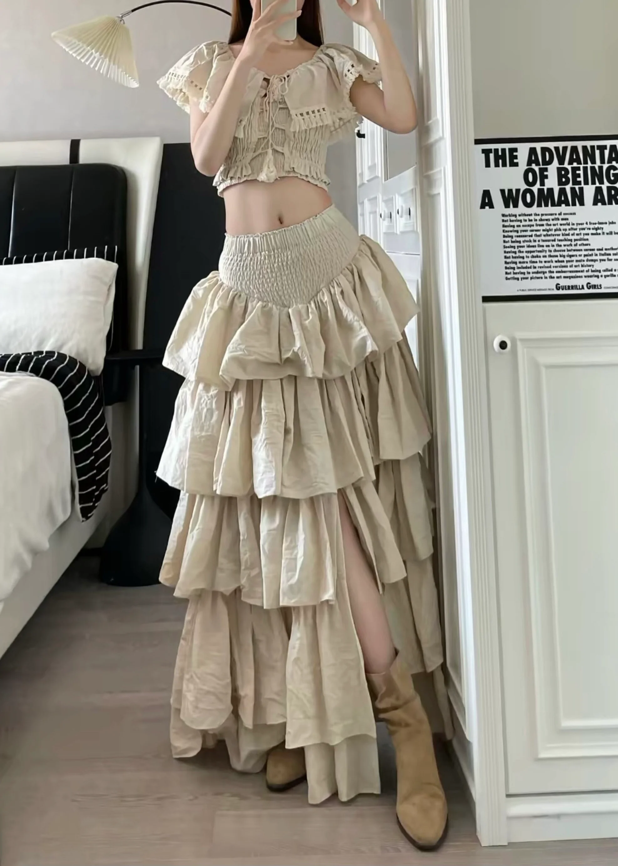 Fitted Khaki Layered Ruffled Lace Up Cotton Three Piece Set Outfits Summer - Image 3