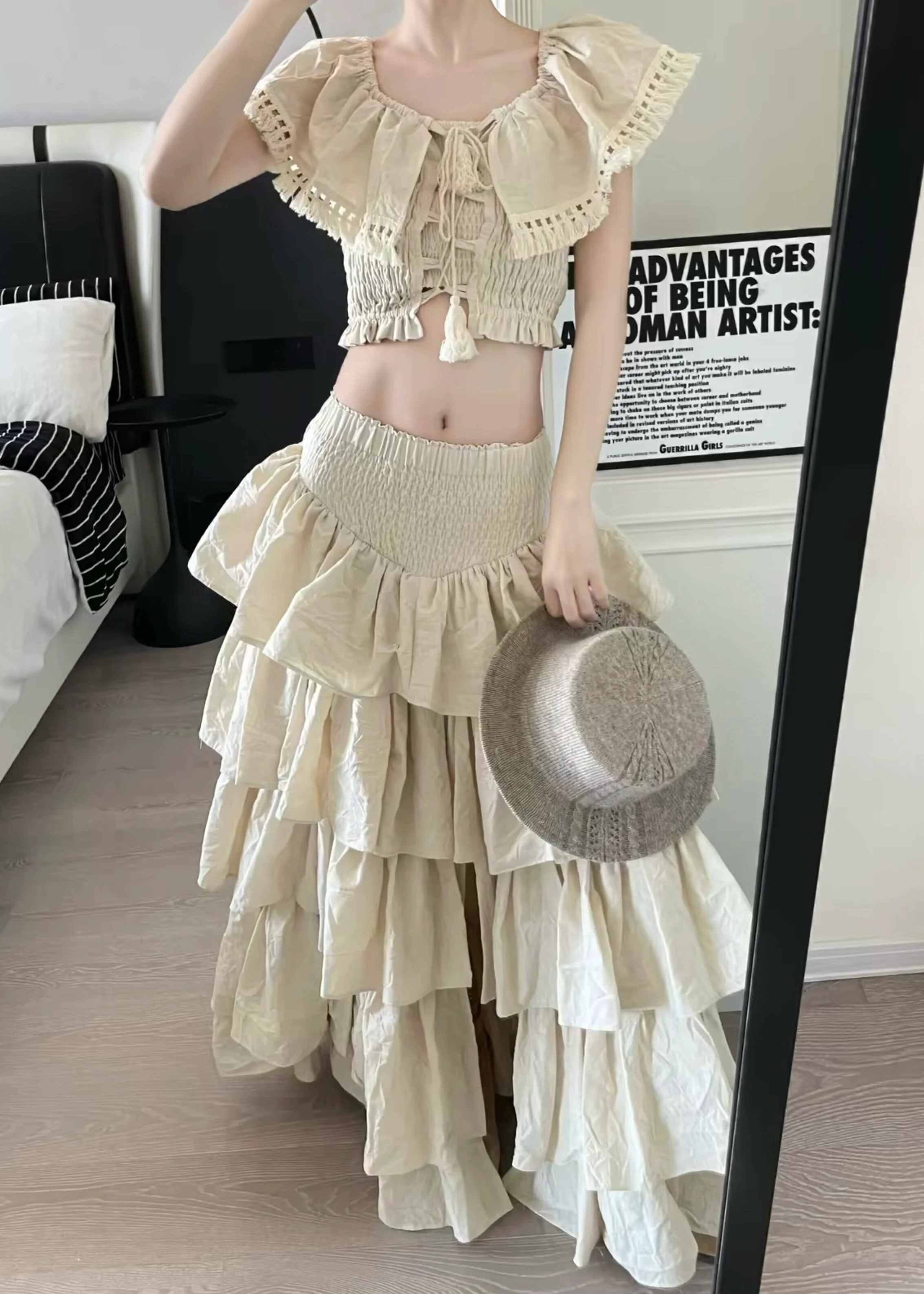 Fitted Khaki Layered Ruffled Lace Up Cotton Three Piece Set Outfits Summer - Image 4
