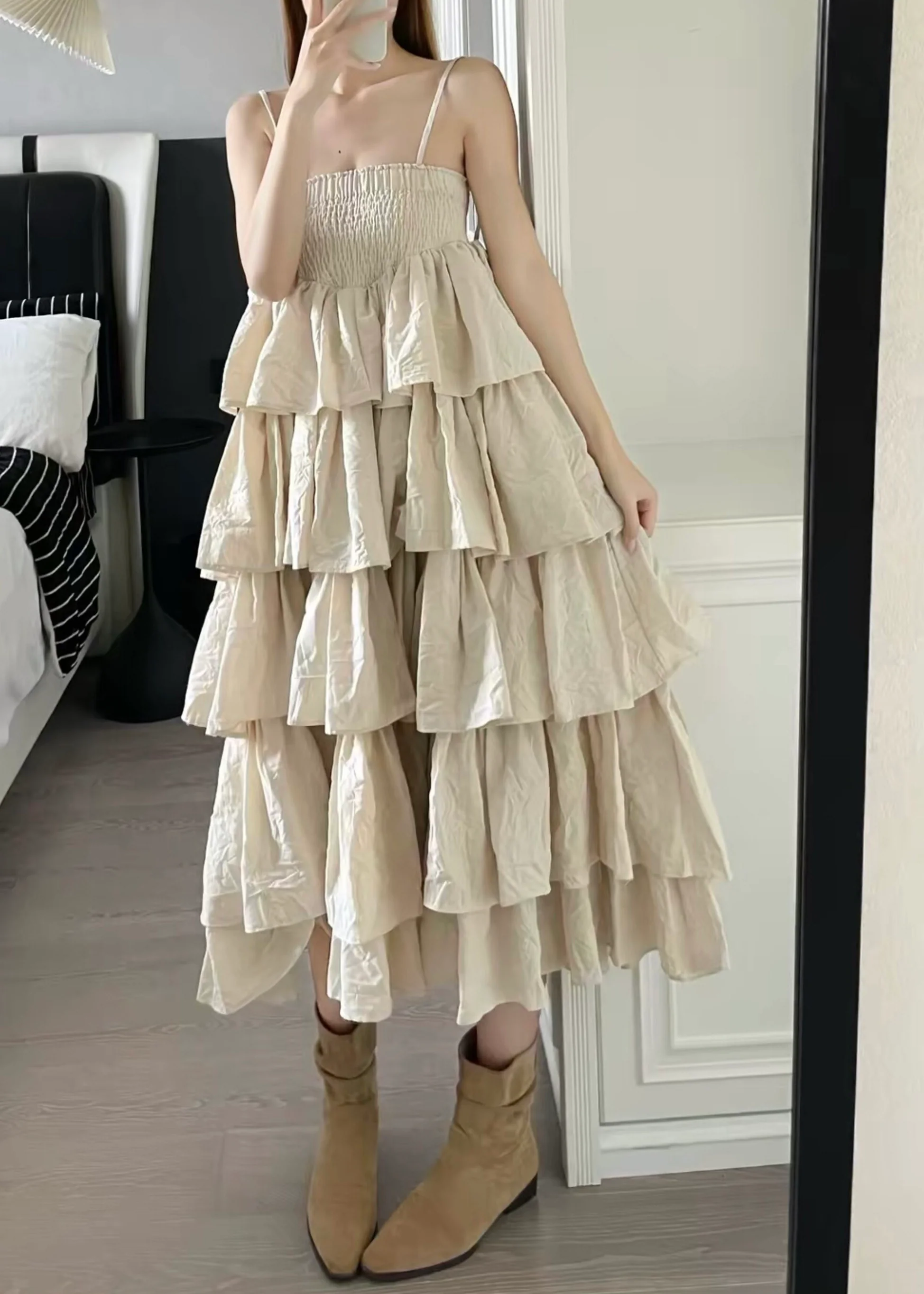 Fitted Khaki Layered Ruffled Lace Up Cotton Three Piece Set Outfits Summer - Image 5