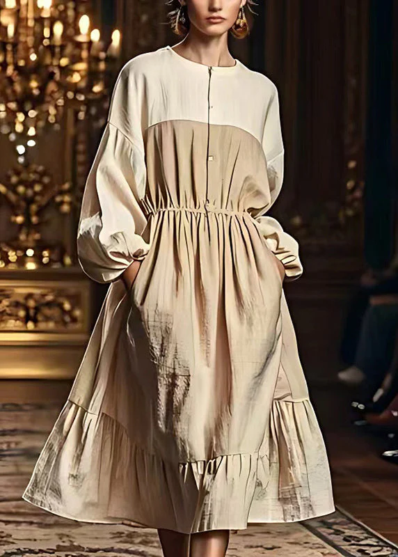 Fitted Khaki Oversized Patchwork Linen Maxi Dresses Fall - Image 2