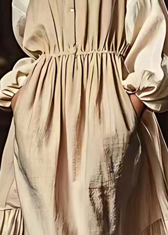 Fitted Khaki Oversized Patchwork Linen Maxi Dresses Fall - Image 4