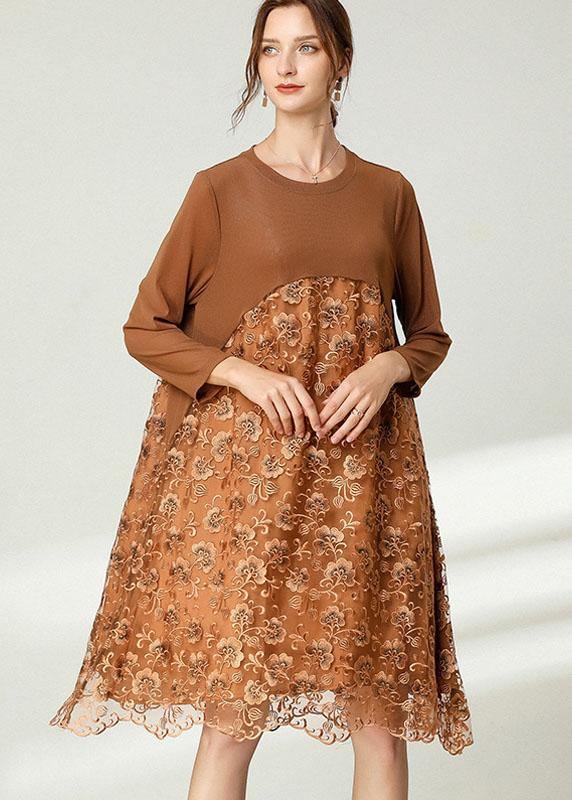 Fitted Khaki Tulle Jacquard Hollow Out Fall Long Sleeve Maxi Dress - Image 2