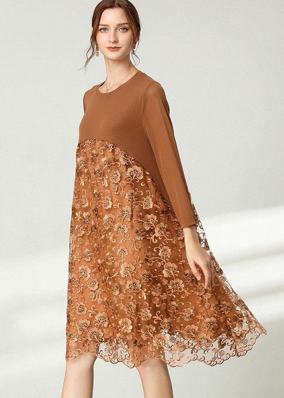 Fitted Khaki Tulle Jacquard Hollow Out Fall Long Sleeve Maxi Dress - Image 3