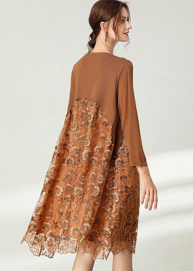 Fitted Khaki Tulle Jacquard Hollow Out Fall Long Sleeve Maxi Dress - Image 4