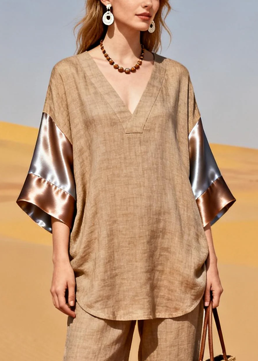 Fitted Khaki V Neck Patchwork Silk Linen 2 Piece Outfit Bracelet Sleeve - Image 2