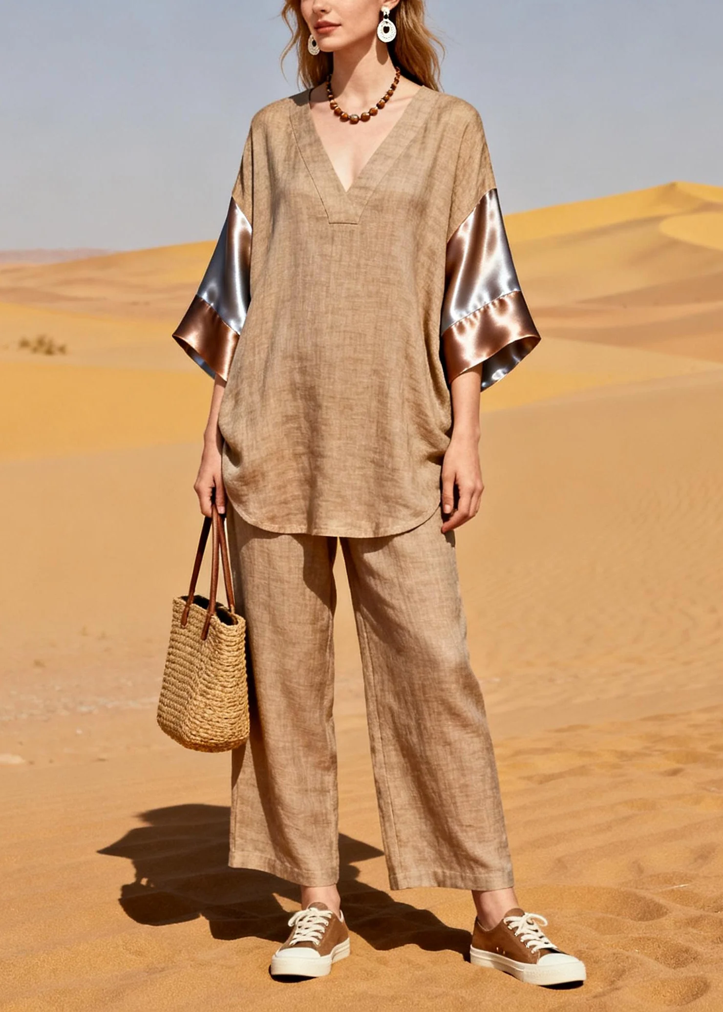 Fitted Khaki V Neck Patchwork Silk Linen 2 Piece Outfit Bracelet Sleeve - Image 3