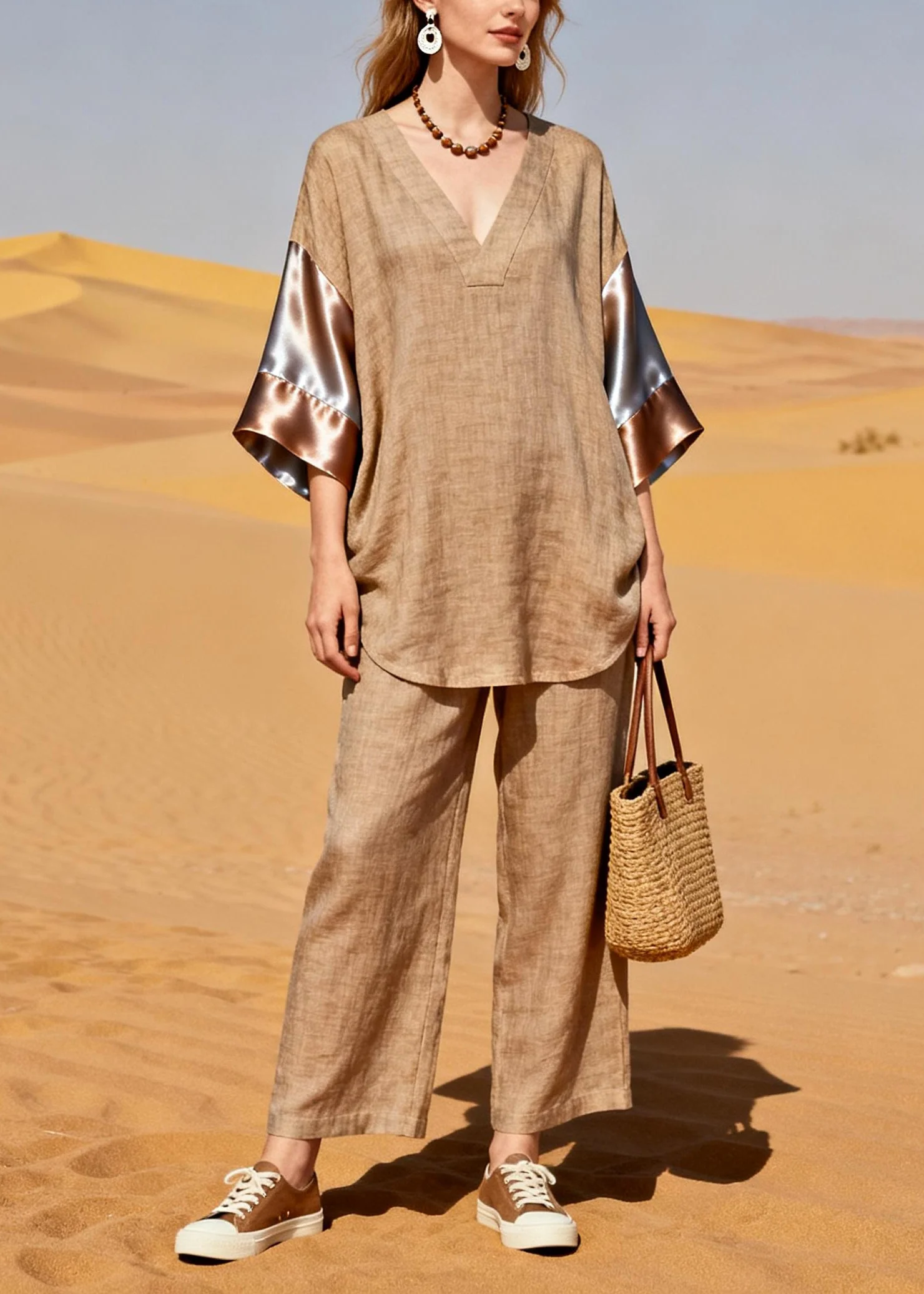 Fitted Khaki V Neck Patchwork Silk Linen 2 Piece Outfit Bracelet Sleeve - Image 5