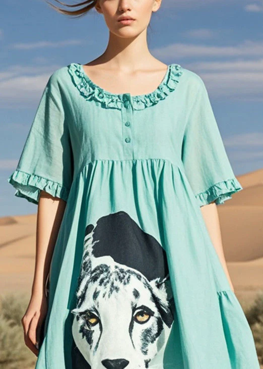 Fitted Lake Green Ruffled Dog Print Cotton Tea Dress Summer - Image 2