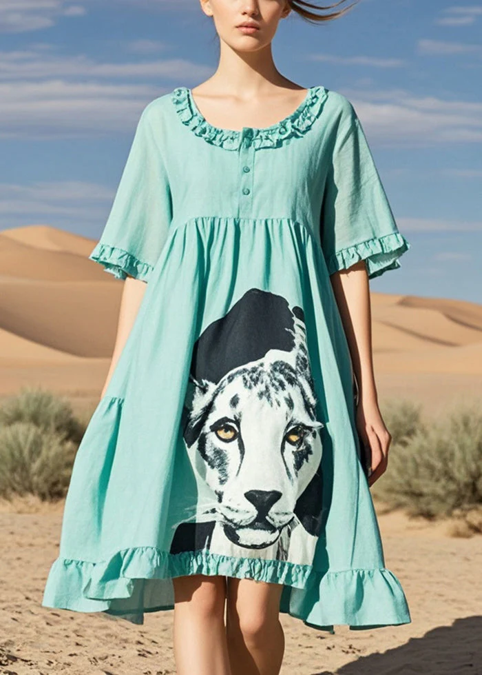 Fitted Lake Green Ruffled Dog Print Cotton Tea Dress Summer - Image 3