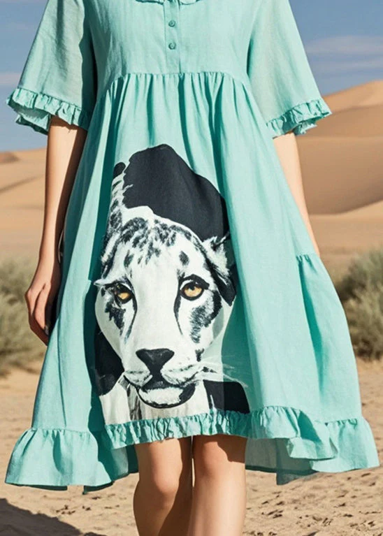 Fitted Lake Green Ruffled Dog Print Cotton Tea Dress Summer - Image 4