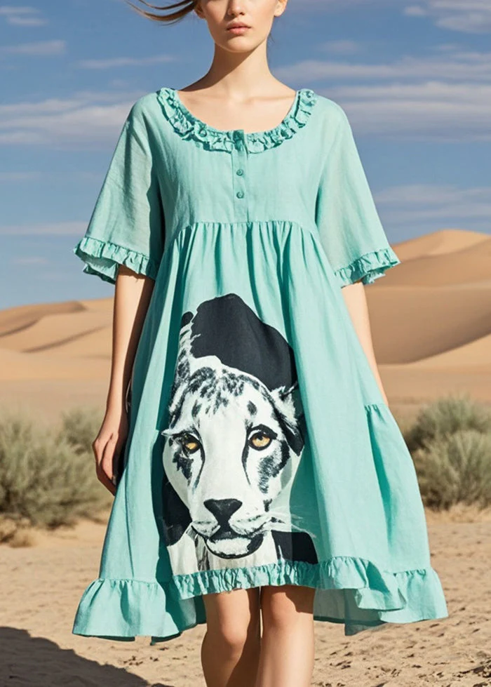 Fitted Lake Green Ruffled Dog Print Cotton Tea Dress Summer - Image 5