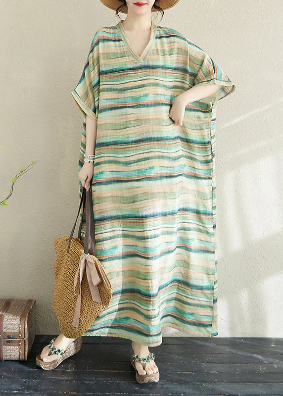 Fitted Light Green Oversized Striped Cotton Robe Dresses Summer - Image 2