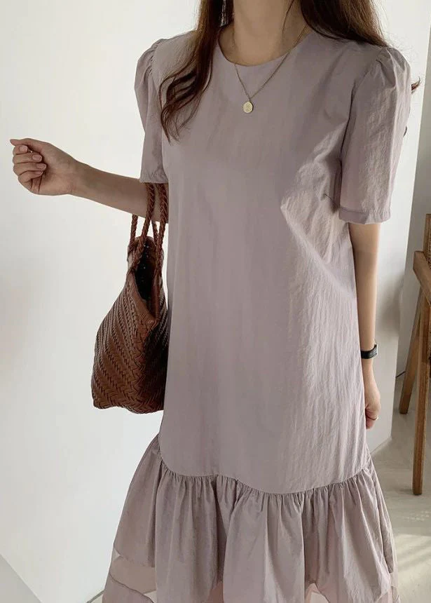 Fitted Light Purple O-Neck Patchwork Wrinkled Cotton Long Dresses Summer - Image 2