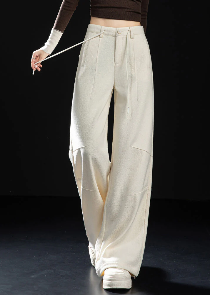 Fitted Milk White Oversized Woolen Straight Pants Spring - Image 2
