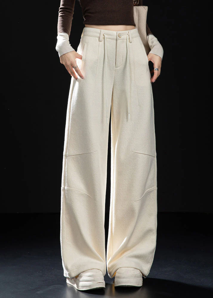 Fitted Milk White Oversized Woolen Straight Pants Spring - Image 3