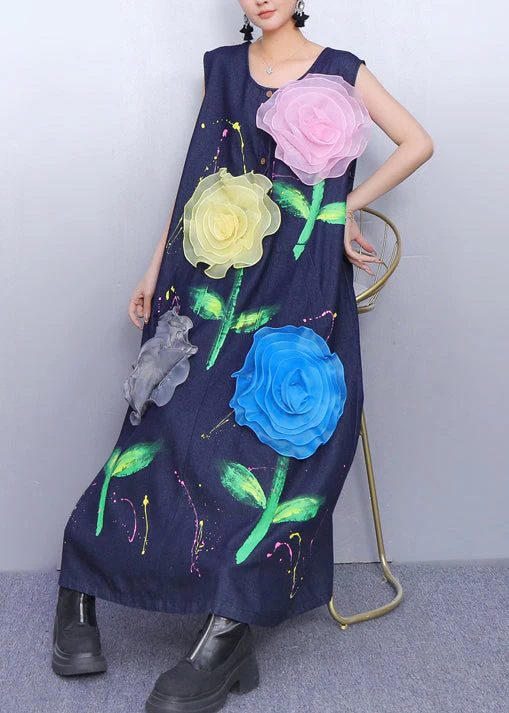 Fitted Navy Painting Multicolored Floral Denim A Line Dress Sleeveless - Image 3