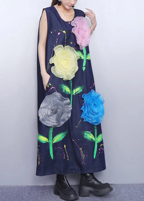 Fitted Navy Painting Multicolored Floral Denim A Line Dress Sleeveless - Image 4