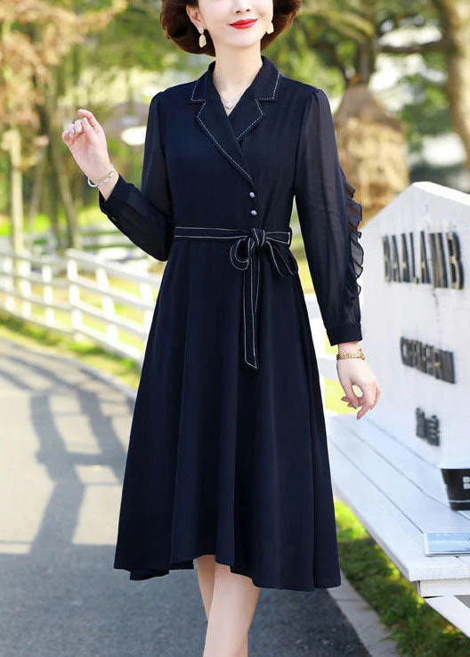 Fitted Navy Peter Pan Collar Patchwork Ruffles Chiffon Cinch Dresses Long Sleeve - Image 2