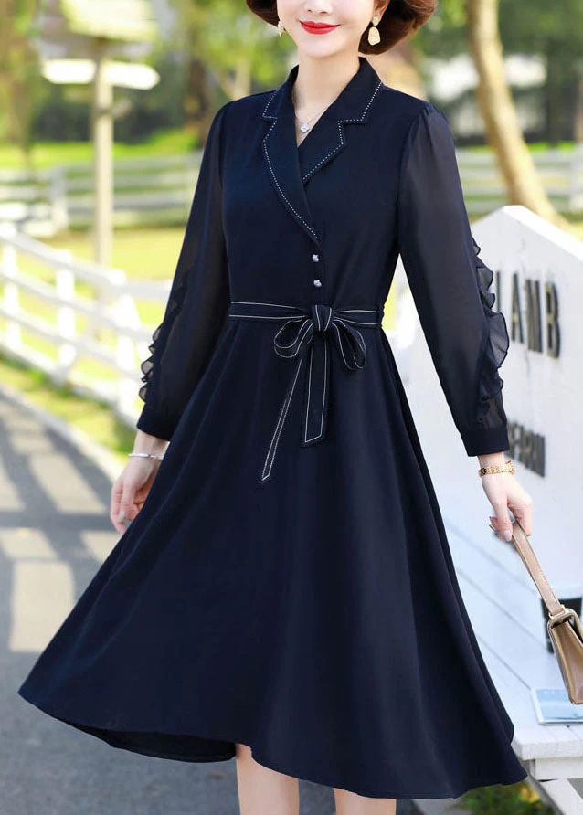 Fitted Navy Peter Pan Collar Patchwork Ruffles Chiffon Cinch Dresses Long Sleeve - Image 3