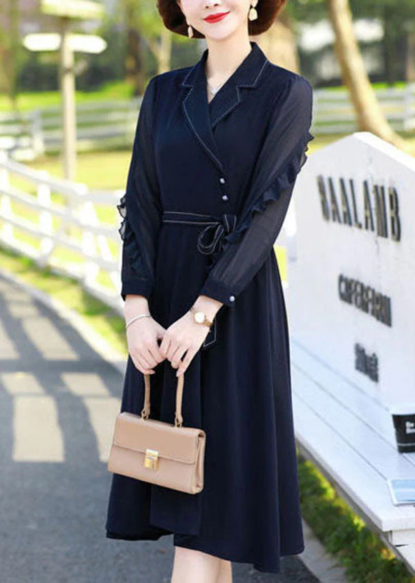 Fitted Navy Peter Pan Collar Patchwork Ruffles Chiffon Cinch Dresses Long Sleeve - Image 4