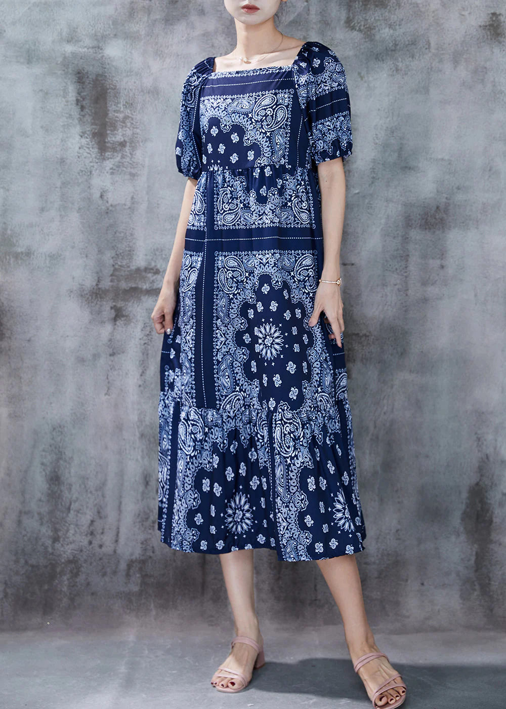 Fitted Navy Square Collar Print Cotton Dresses Puff Sleeve - Image 2