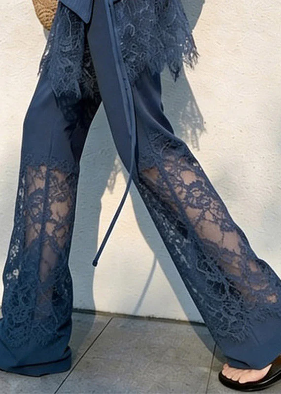 Fitted Navy Straight Pants Lace Patchwork Summer - Image 4
