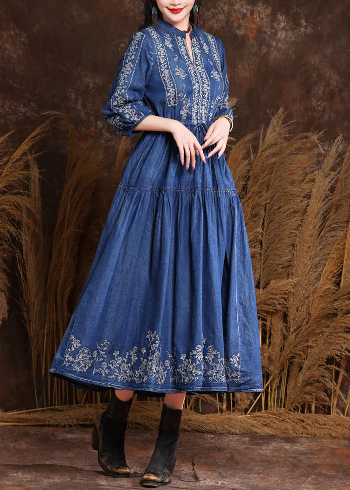Fitted Navy V Neck Embroidered Patchwork Elastic Waist Maxi Denim Dresses Half Sleeve - Image 3