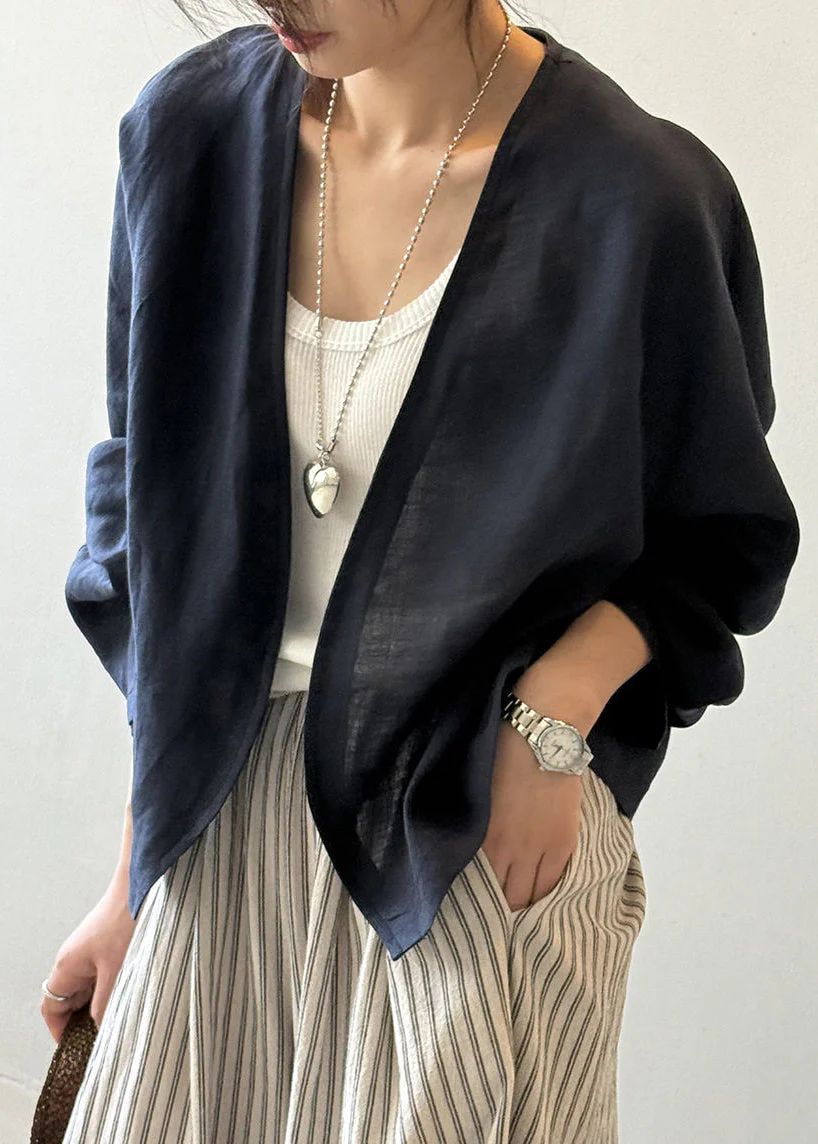 Fitted Navy V Neck Linen Cardigan Spring - Image 2