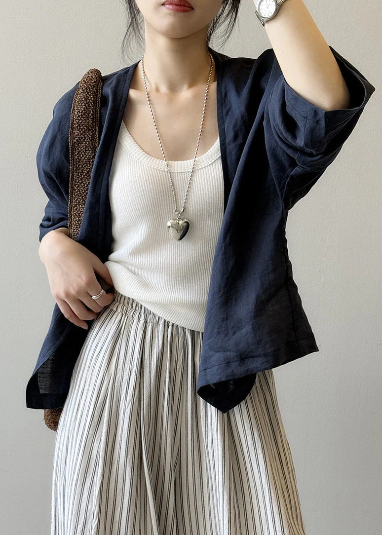 Fitted Navy V Neck Linen Cardigan Spring - Image 3