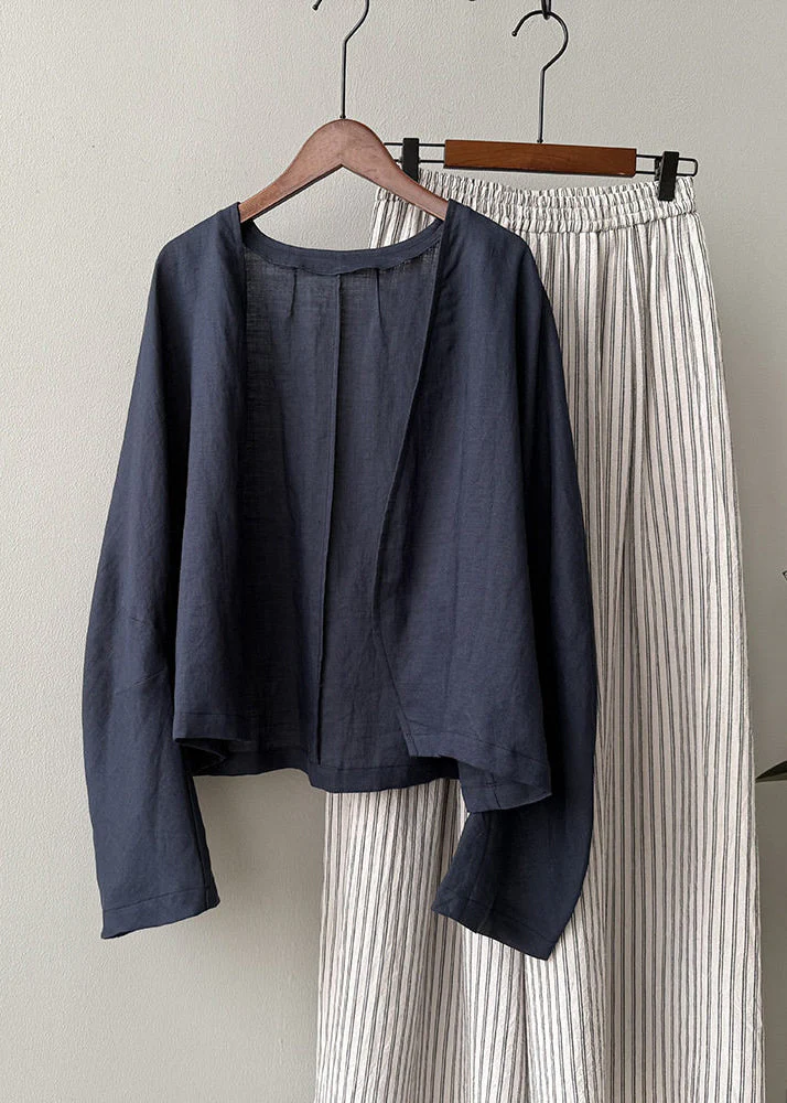 Fitted Navy V Neck Linen Cardigan Spring - Image 4