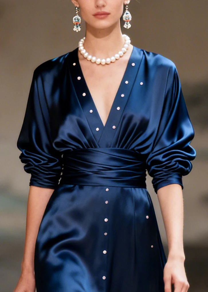 Fitted Navy V Neck Nail Bead Draping Silk Party Dress Long Sleeve - Image 2