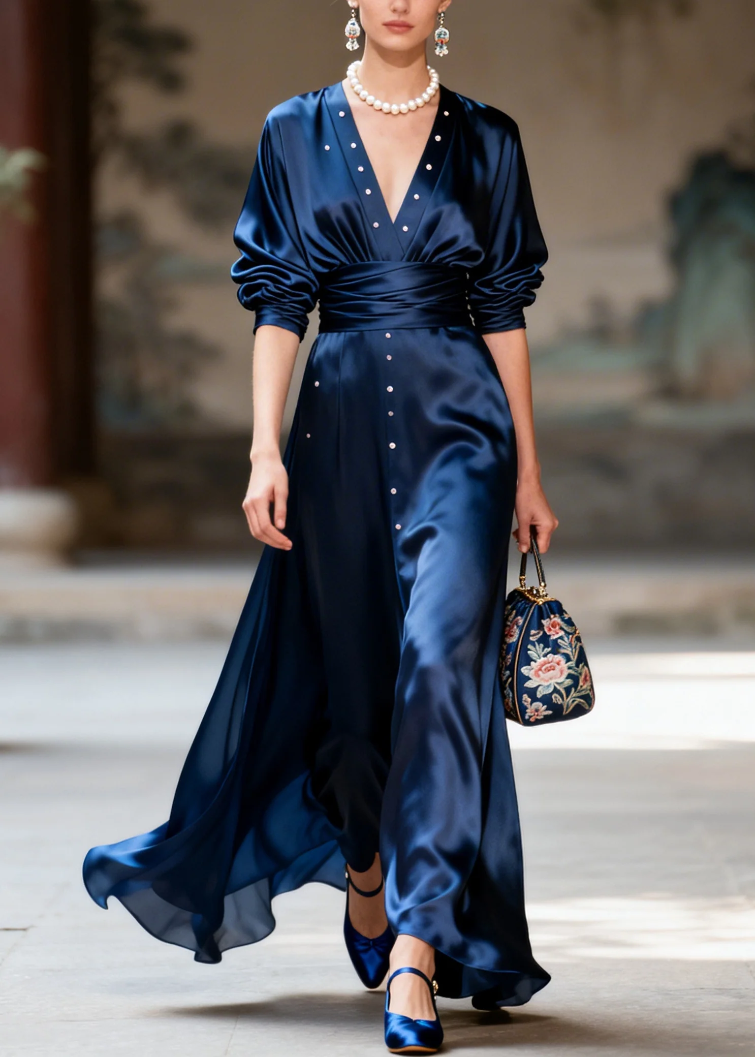 Fitted Navy V Neck Nail Bead Draping Silk Party Dress Long Sleeve - Image 3