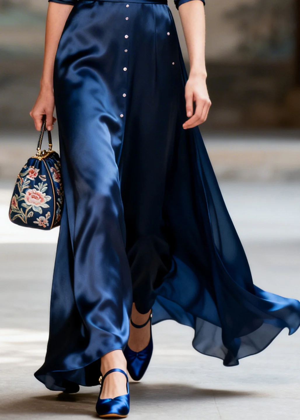 Fitted Navy V Neck Nail Bead Draping Silk Party Dress Long Sleeve - Image 4