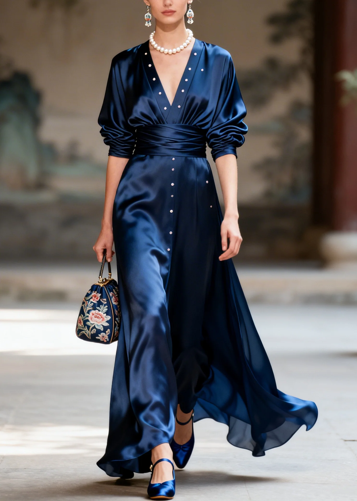 Fitted Navy V Neck Nail Bead Draping Silk Party Dress Long Sleeve - Image 5