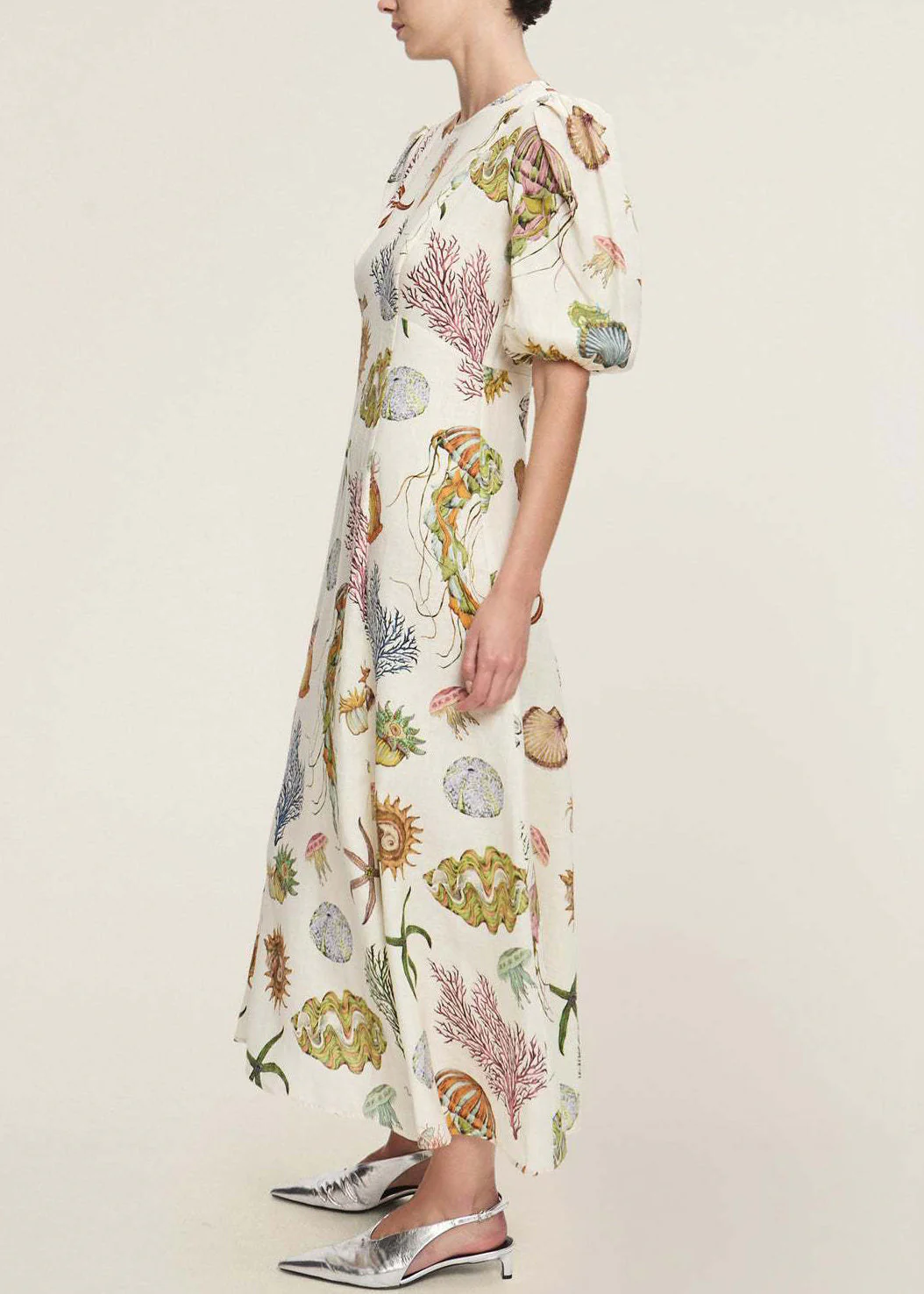 Fitted O Neck Print Cotton Long Dress Lantern Sleeve - Image 2