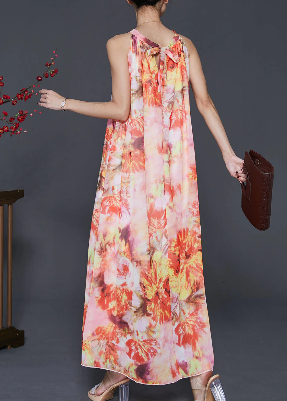 Fitted Orange Cold Shoulder Print Chiffon Long Dress Summer - Image 4