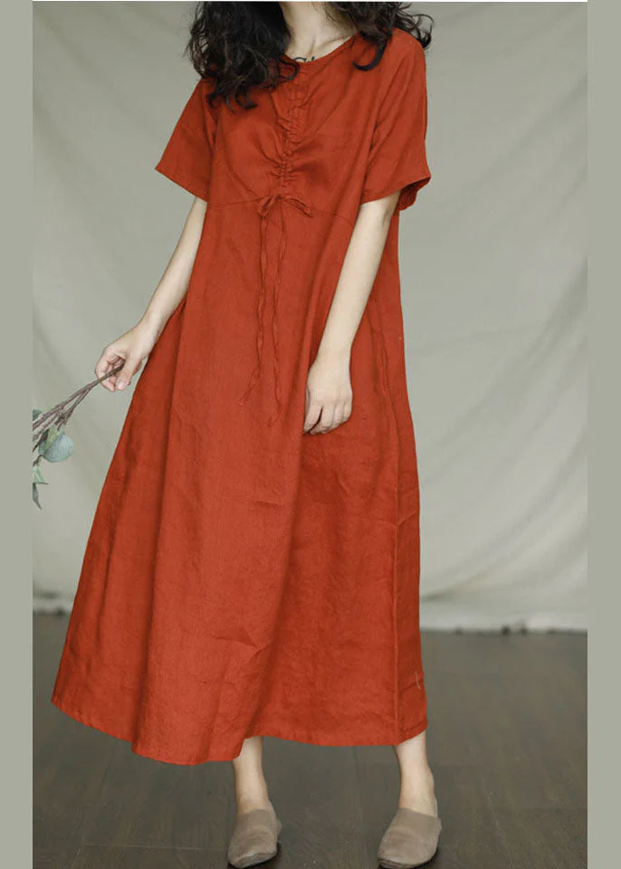 Fitted Orange O-Neck drawstring Linen Dresses Short Sleeve - Image 3