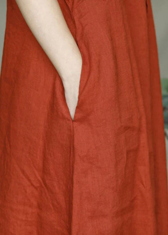 Fitted Orange O-Neck drawstring Linen Dresses Short Sleeve - Image 4