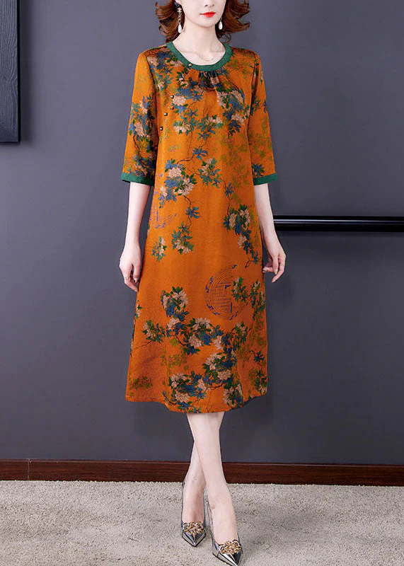 Fitted Orange O Neck Print Patchwork Silk Dresses Summer - Image 2