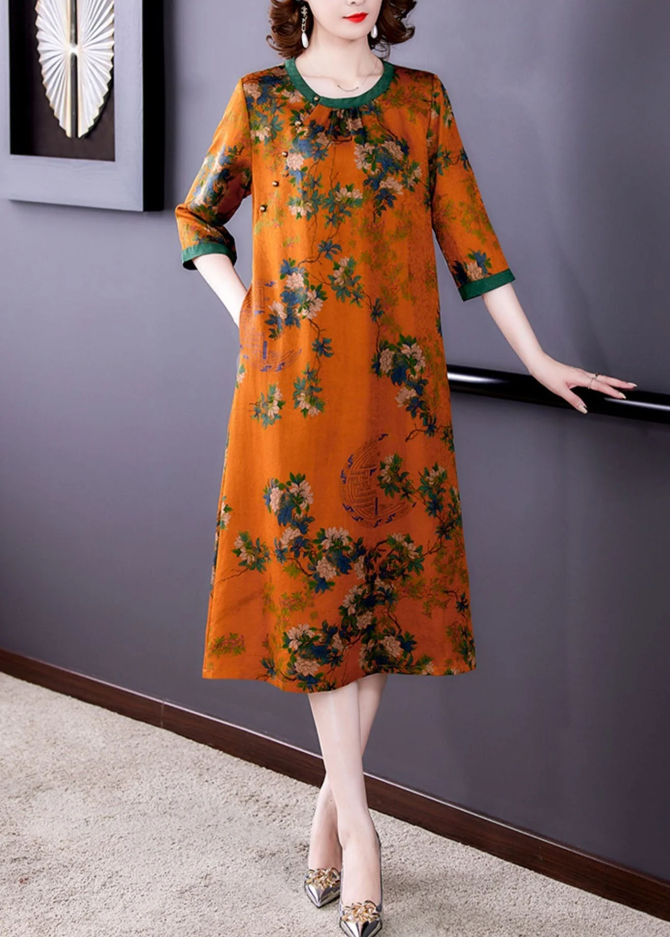 Fitted Orange O Neck Print Patchwork Silk Dresses Summer - Image 3