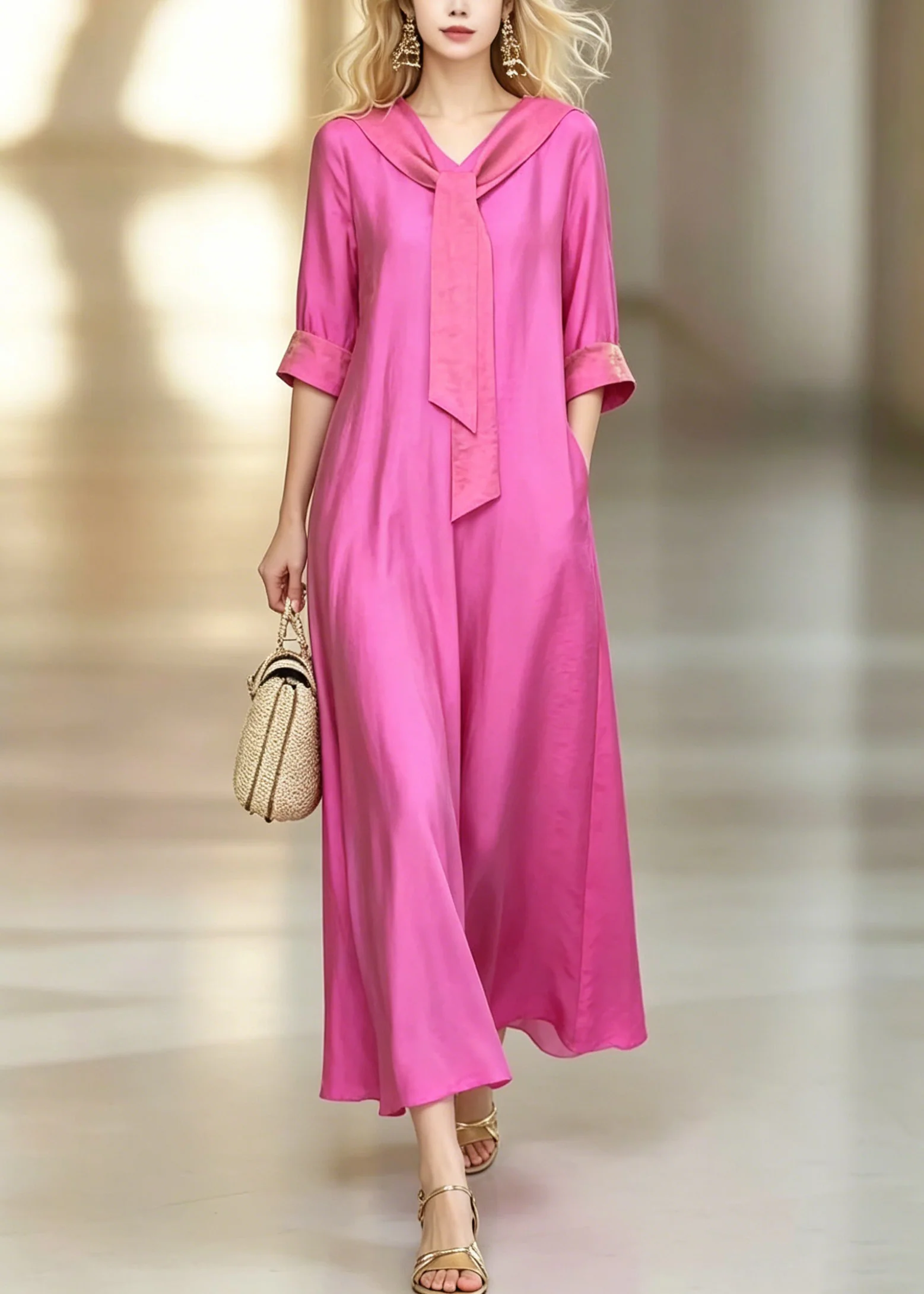 Fitted Pink Bow Patchwork Solid Maxi Dresses Short Sleeve - Image 5